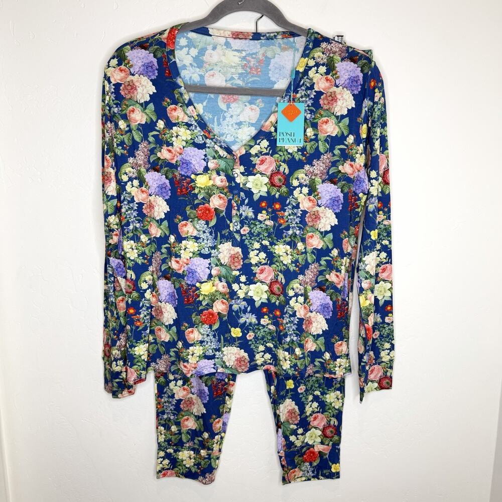 Posh Peanut Womens Plus 3X Pajama Blue Floral Bamboo Pants Long Sleeve